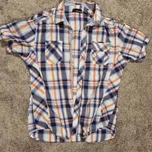 BKE Men's Blue and Orange Plaid Shirt